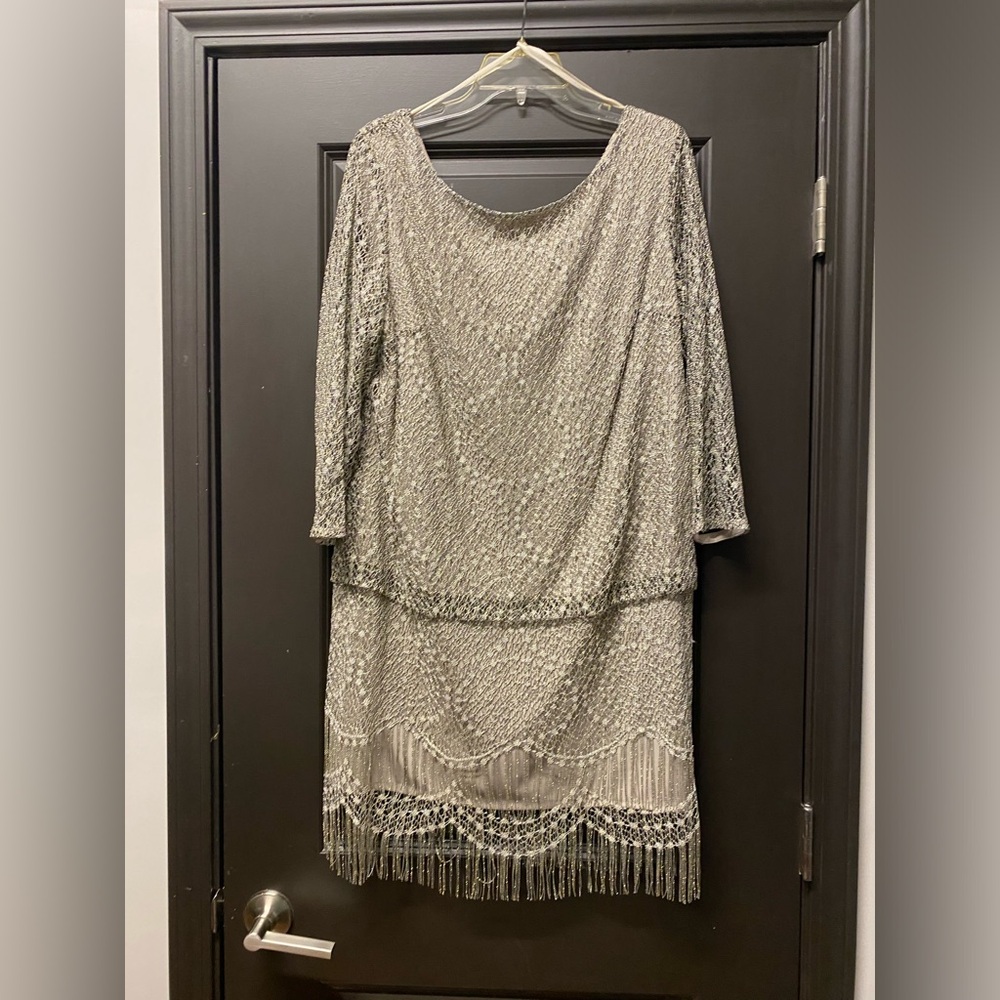 S.L. Fashions Silver Beaded Long Sleeve Fringe Cocktail Dress